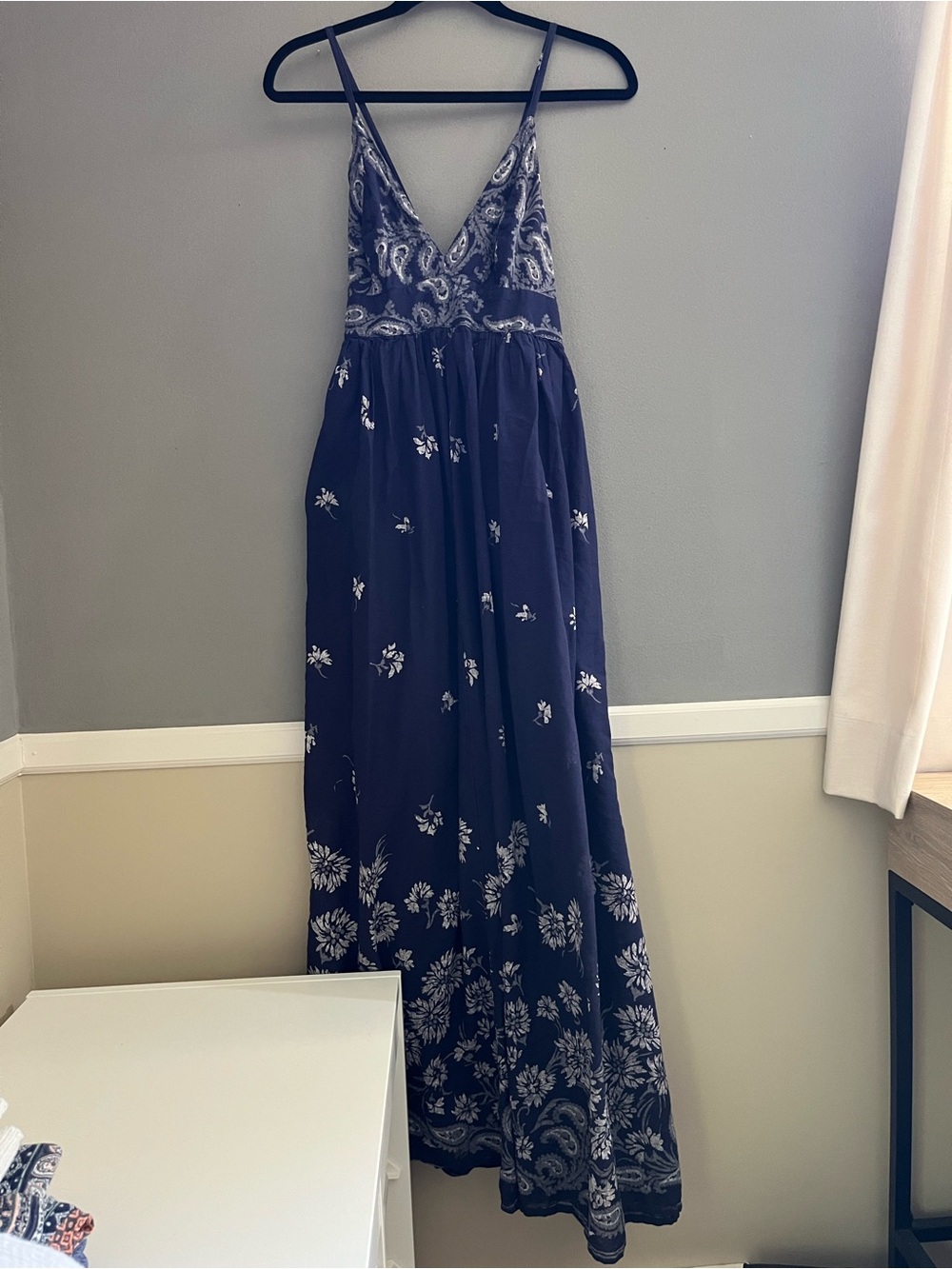GAP Navy Paisley Floral 100% Cotton Lined Racerback Spaghetti Strap Maxi Dress M